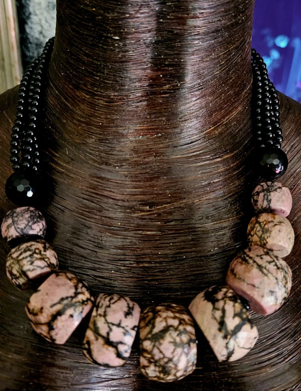 Rhodonite Jasper Rondelle & Black Onyx Beaded Statement Luxury Necklac