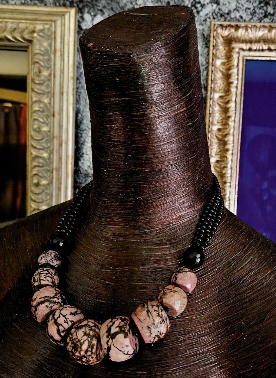 Rhodonite Jasper Rondelle & Black Onyx Beaded Statement Luxury Necklac