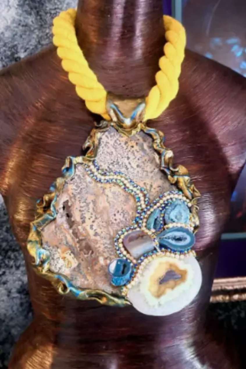 Cheetah Jasper Slab & Druzy Geode Statement Gemstone Pendant with Yell