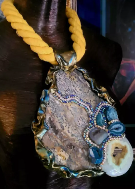 Wild Jasper Slab & Druzy Geode Sculpted Chest Piece - Mens