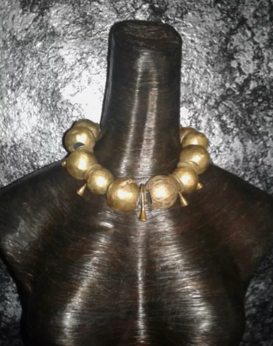 African Yoruba Brass & Charm Bold Tribal Statement Necklace - Chunky