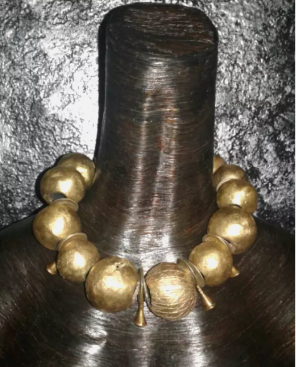 African Yoruba Brass & Charm Bold Tribal Statement Necklace - Chunky