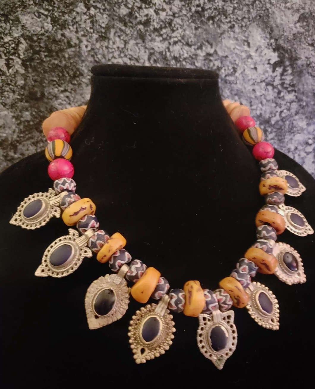Chevron Beaded Tribal Luxury Necklace with Kuchi Charms Ethnic Neck