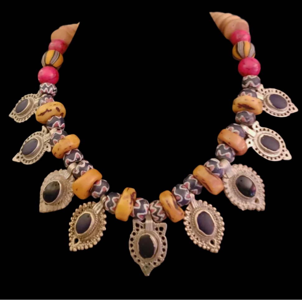 Chevron Beaded Tribal Luxury Necklace with Kuchi Charms Ethnic Neck