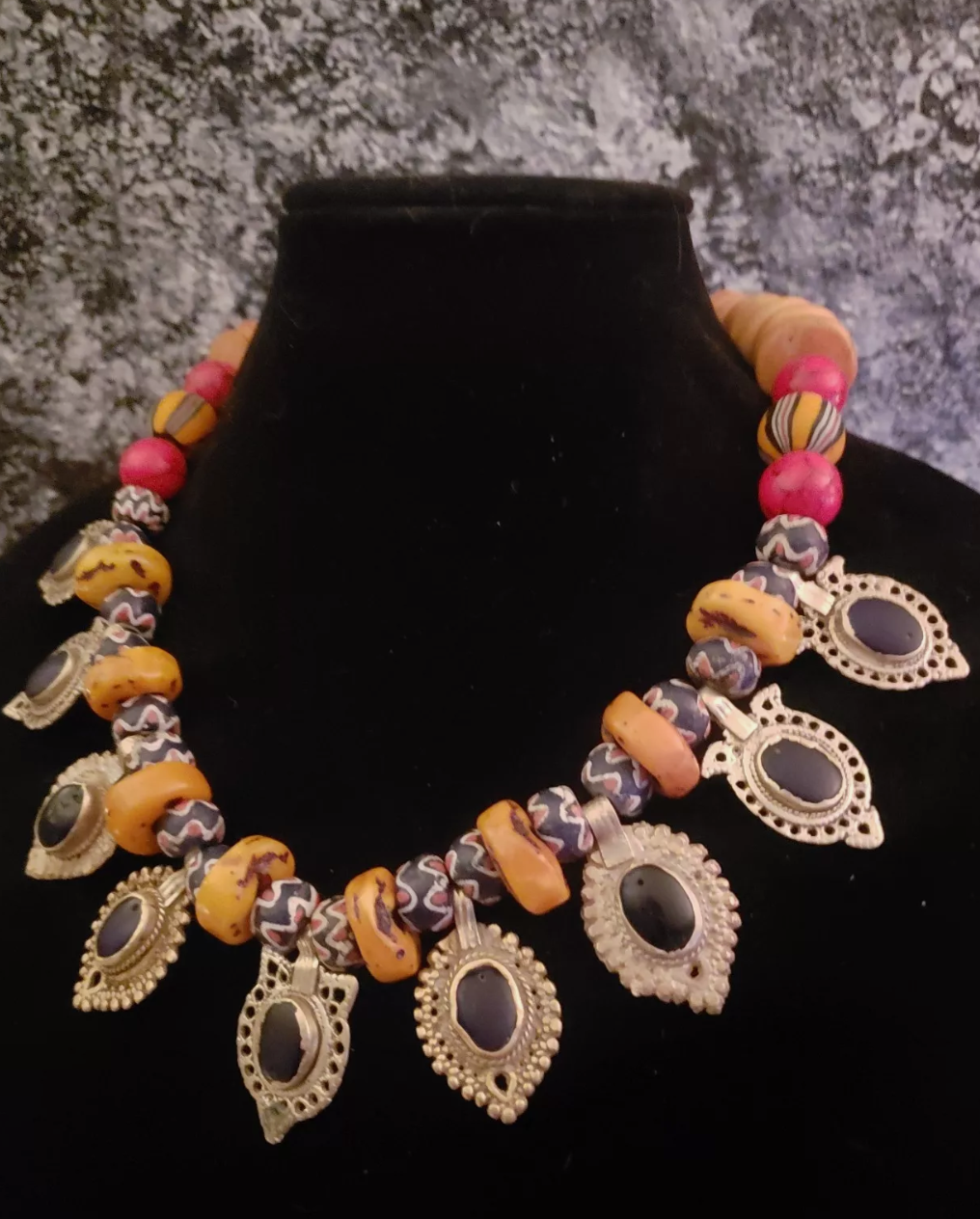 Chevron Beaded Tribal Luxury Necklace with Kuchi Charms Ethnic Neck
