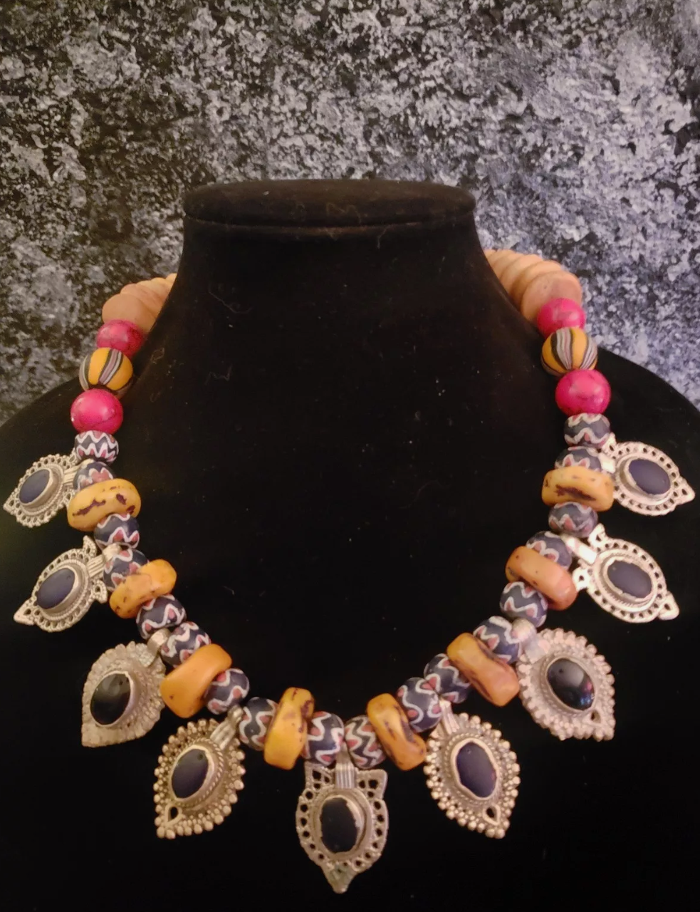 Chevron Beaded Tribal Luxury Necklace with Kuchi Charms Ethnic Neck