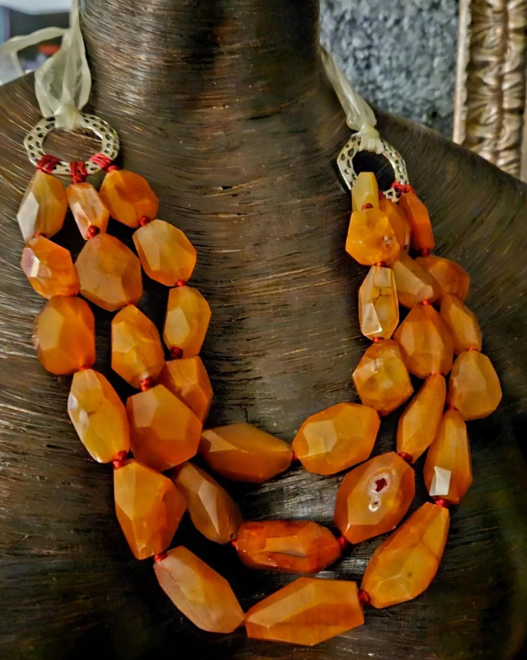 Faceted Carnelian Multi Strand Statement Bib Luxury Necklace Orange