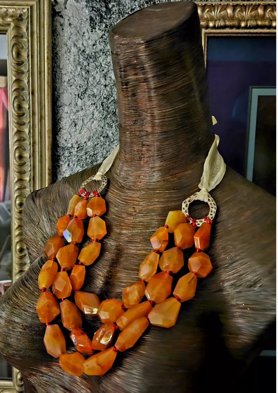 Faceted Carnelian Multi Strand Statement Bib Luxury Necklace Orange