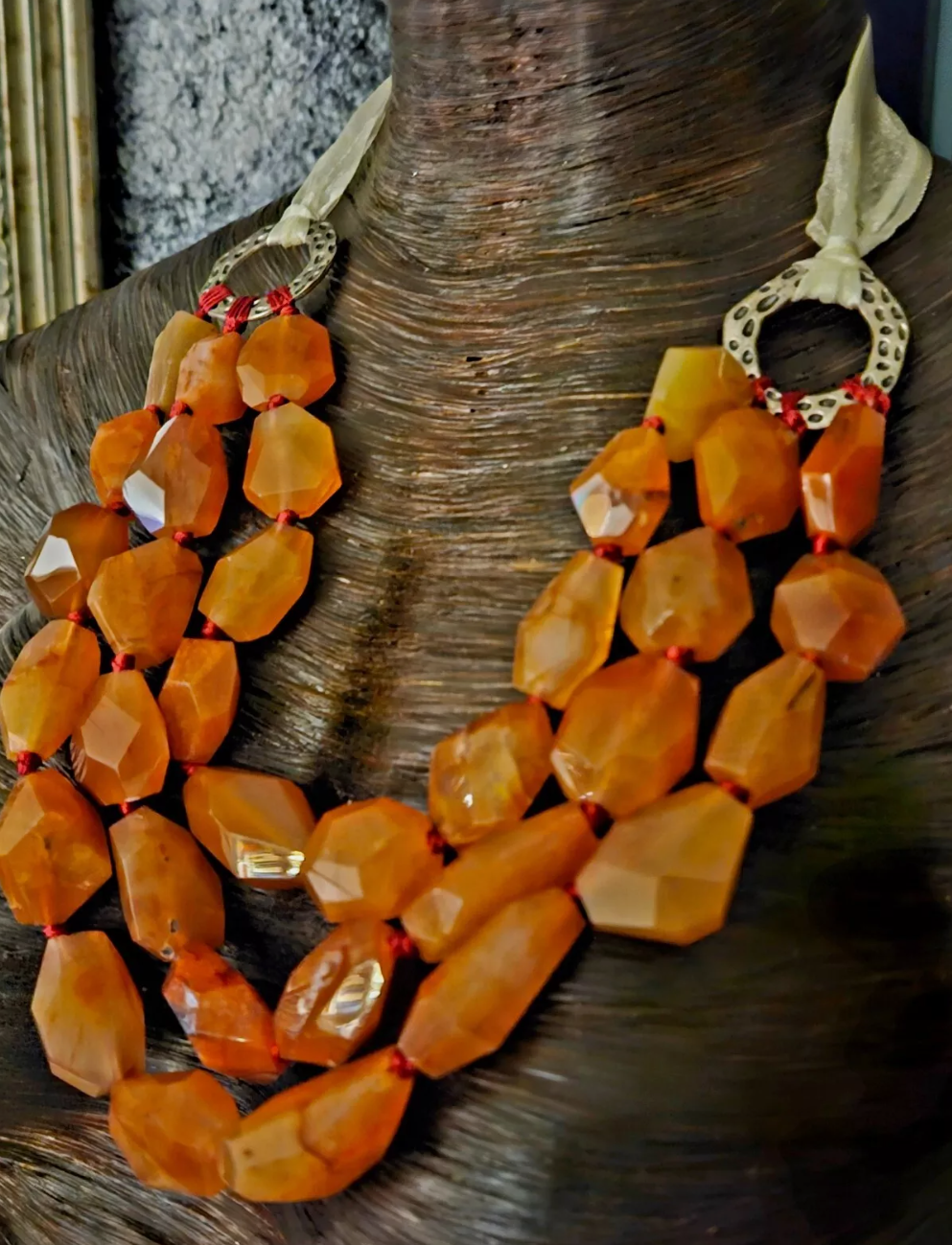 Faceted Carnelian Multi Strand Statement Bib Luxury Necklace Orange