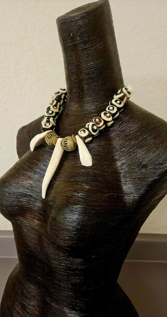 Exotic and Wild Unisex Sculpted Antler Bone and Brass Tribal Luxury Ne