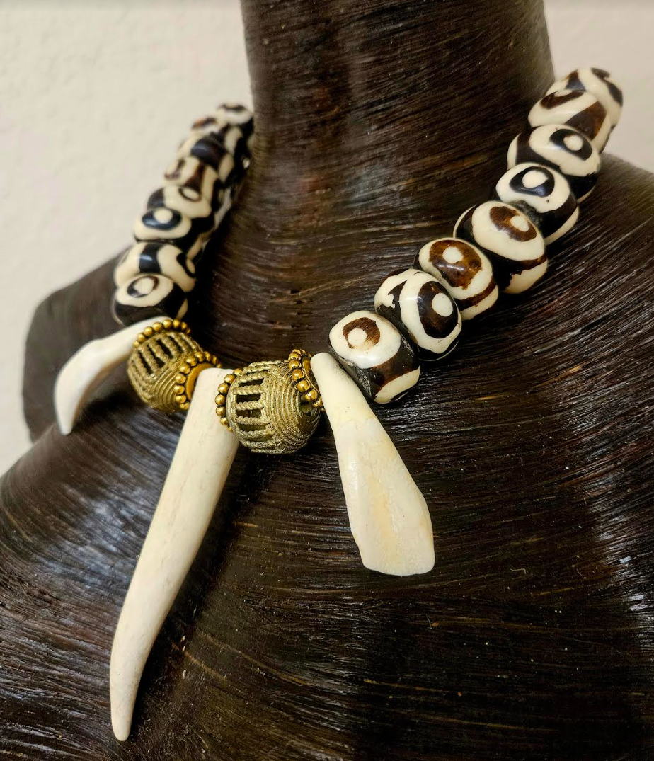 Exotic and Wild Unisex Sculpted Antler Bone and Brass Tribal Luxury Ne