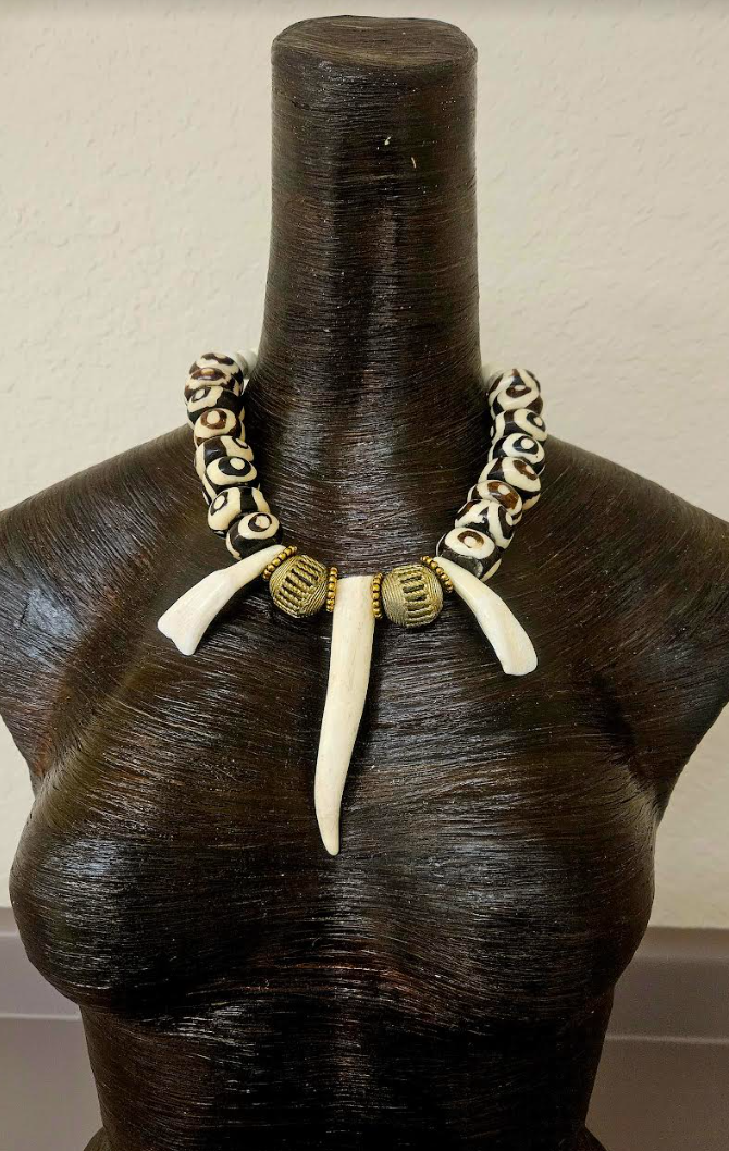 Exotic and Wild Unisex Sculpted Antler Bone and Brass Tribal Luxury Ne