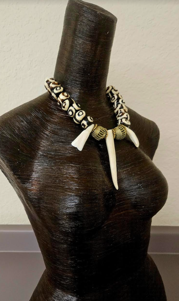Exotic and Wild Unisex Sculpted Antler Bone and Brass Tribal Luxury Ne