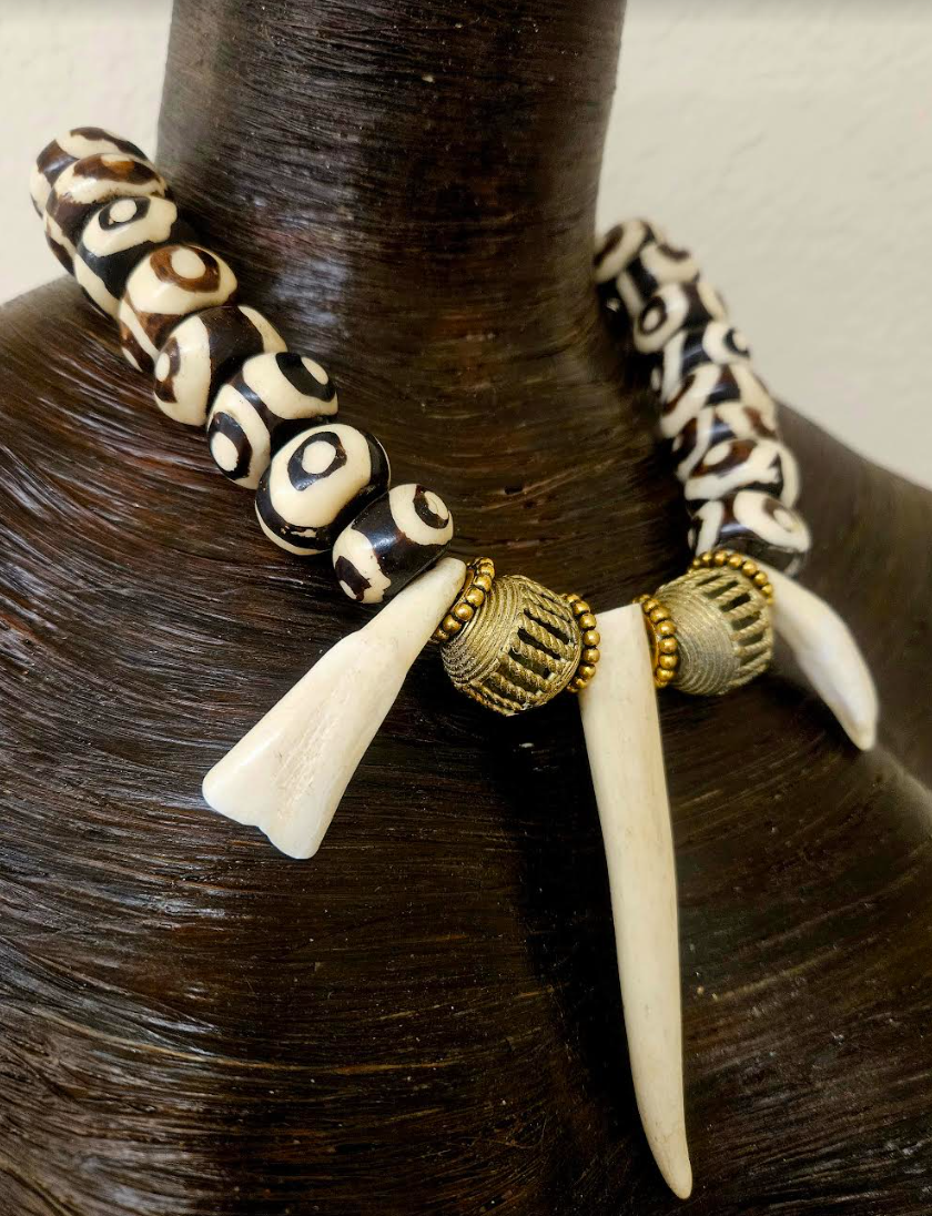 Exotic and Wild Unisex Sculpted Antler Bone and Brass Tribal Luxury Ne