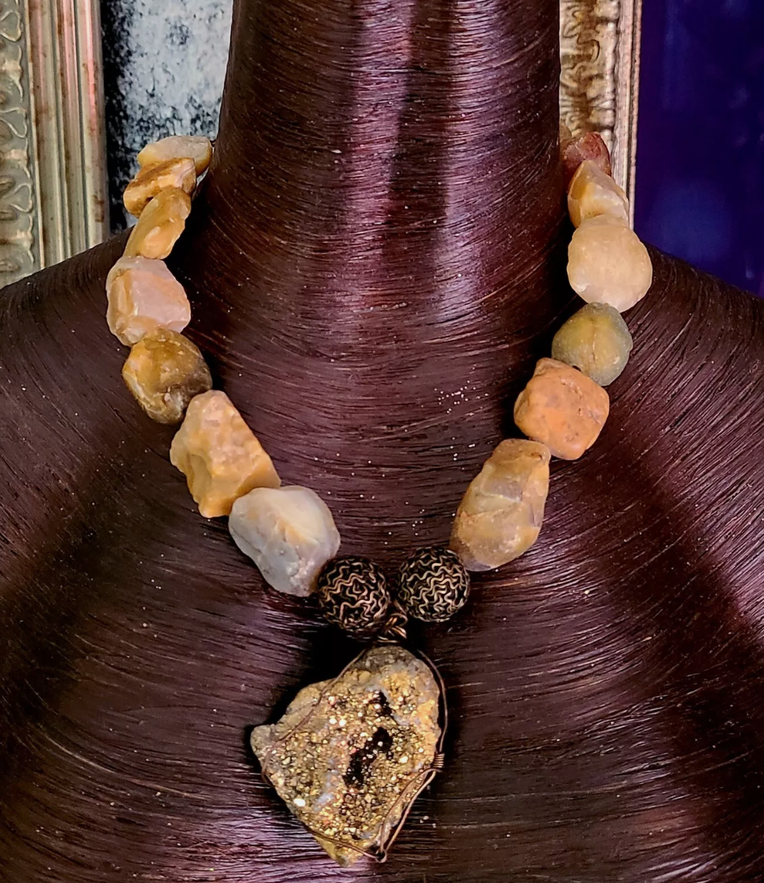 Rough Earth Tone Agate or Opal Luxury Necklace with Gold Druzy Geode P