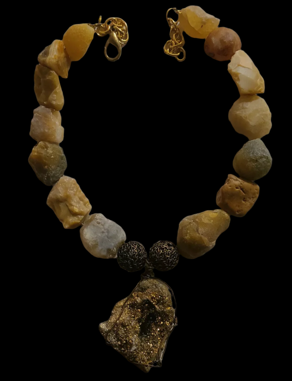 Rough Earth Tone Agate or Opal Luxury Necklace with Gold Druzy Geode P
