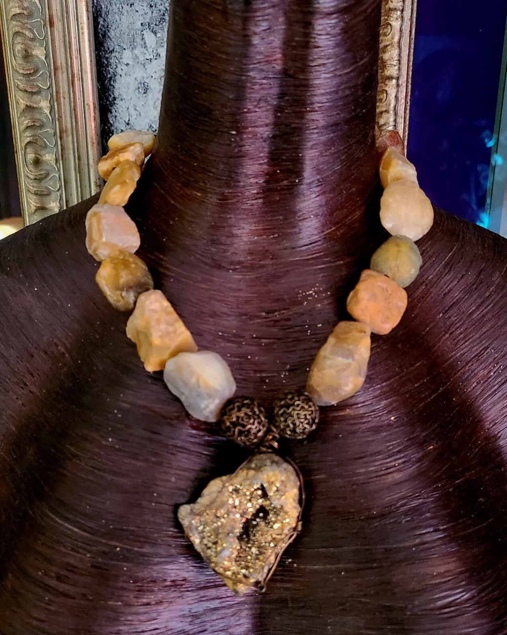 Rough Earth Tone Agate or Opal Luxury Necklace with Gold Druzy Geode P