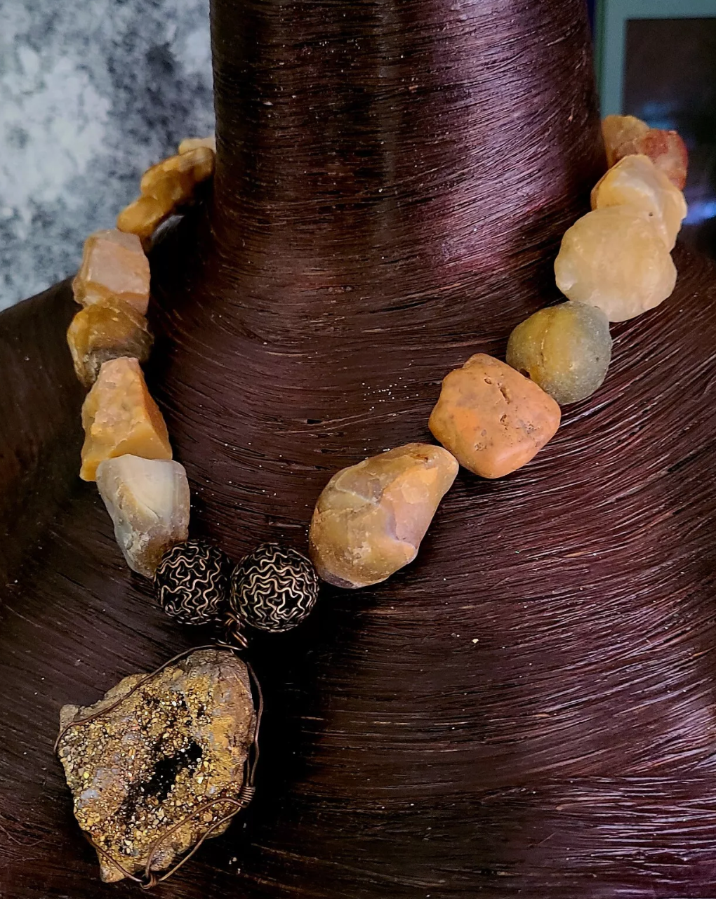 Rough Earth Tone Agate or Opal Luxury Necklace with Gold Druzy Geode P