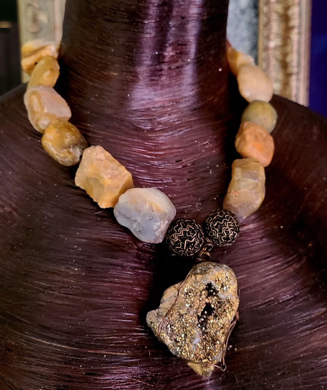 Rough Earth Tone Agate or Opal Luxury Necklace with Gold Druzy Geode P