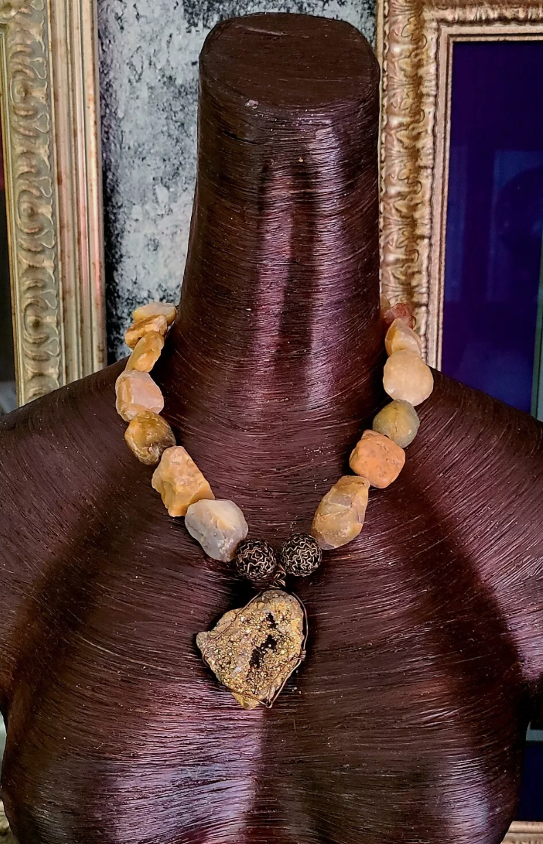 Rough Earth Tone Agate or Opal Luxury Necklace with Gold Druzy Geode P