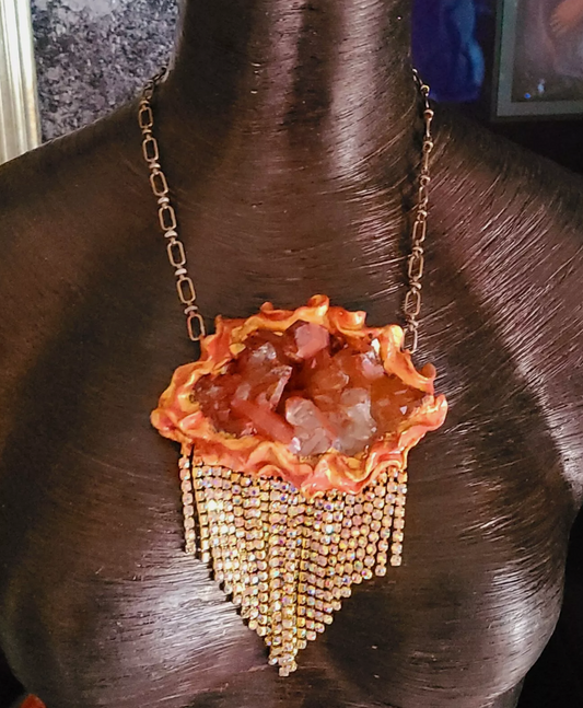 Red Moroccan Quartz Rhinestone Pendant - Art Deco Glam