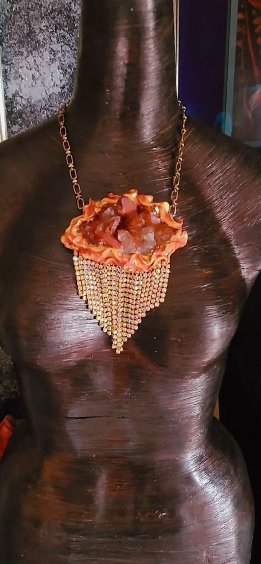 Rough Moroccan Red Quartz Sculpted Gemstone Pendant with Rhinestone Fr