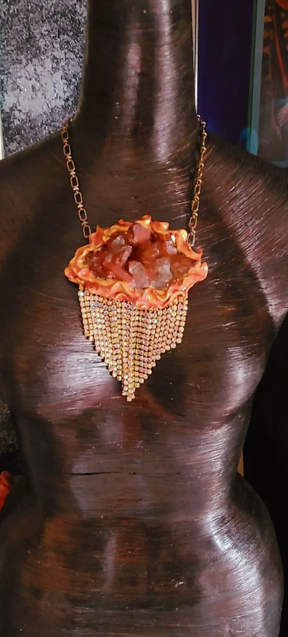 Rough Moroccan Red Quartz Sculpted Gemstone Pendant with Rhinestone Fr