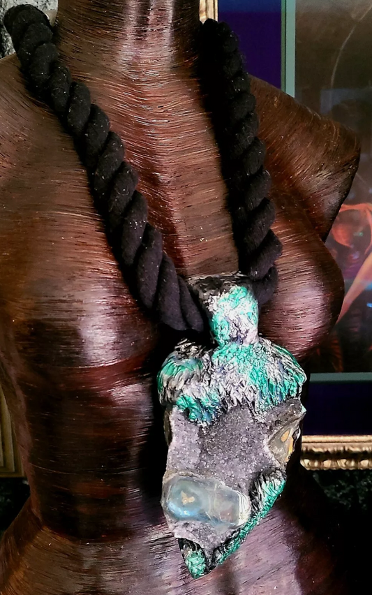 Rough Black Amethyst Stalagtite Sculpted Gemstone Pendant - Black Rope