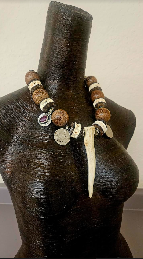Earthy Antler Wood Bead Shark Vertabrae & Kuchi Coin Unisex Tribal Bib