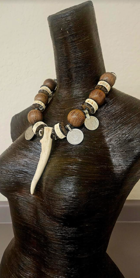 Earthy Antler Wood Bead Shark Vertabrae & Kuchi Coin Unisex Tribal Bib