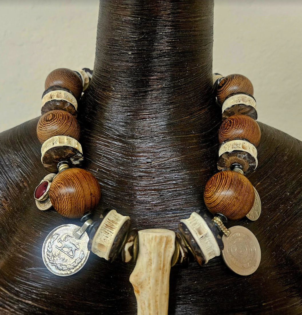 Earthy Antler Wood Bead Shark Vertabrae & Kuchi Coin Unisex Tribal Bib