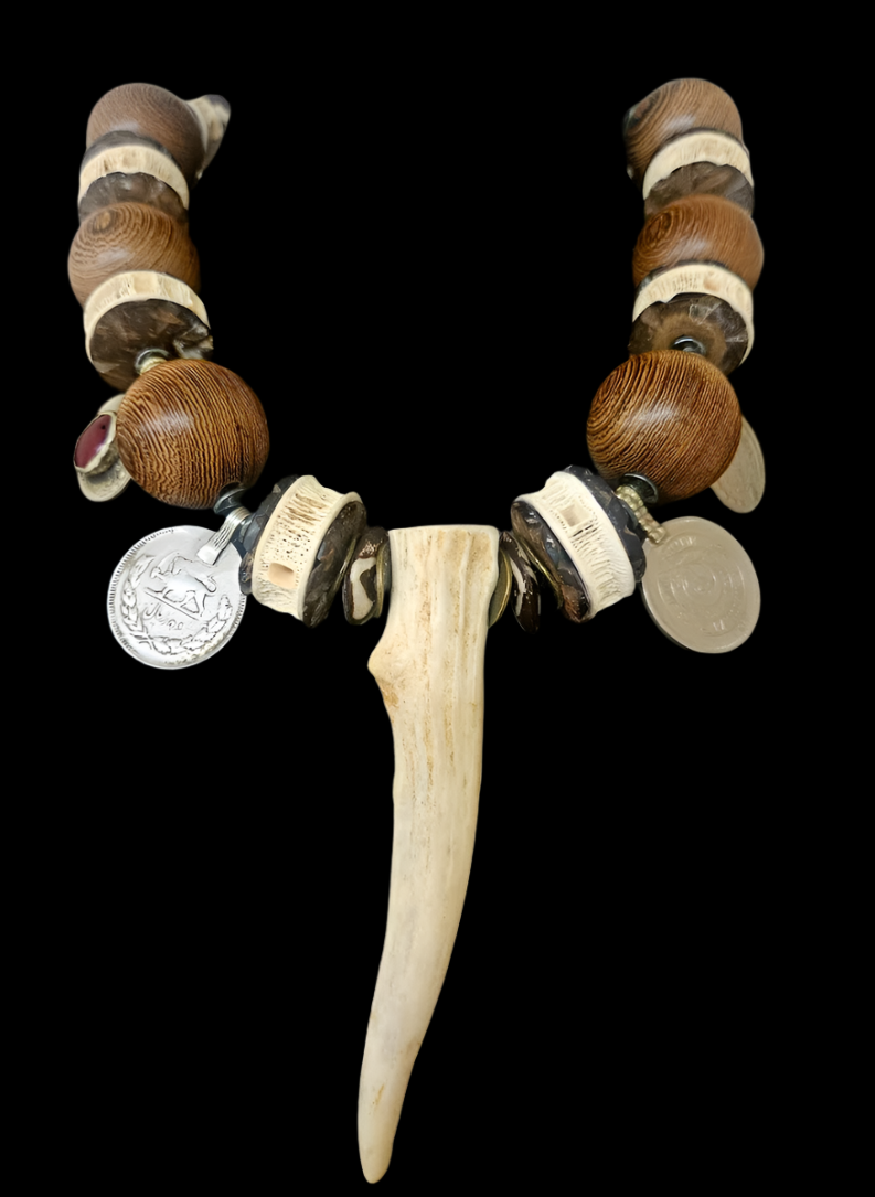 Earthy Antler Wood Bead Shark Vertabrae & Kuchi Coin Unisex Tribal Bib