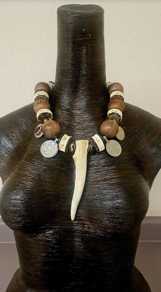 Earthy Antler Wood Bead Shark Vertabrae & Kuchi Coin Unisex Tribal Bib