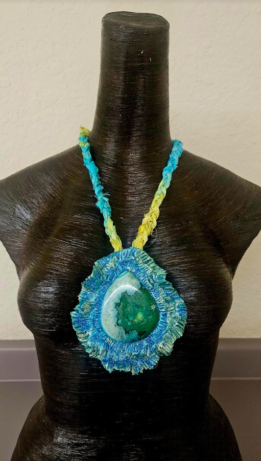 Emerald Green Druzy Agate Pendant & Sari Silk Braid - OOAK