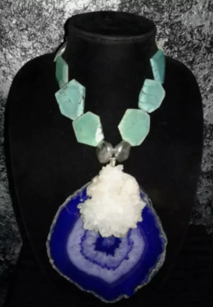 Purple Agate, Turquoise & Flower Quartz Statement Pendant - Bold Amulet