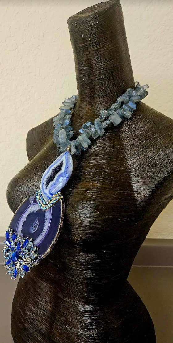 Purple & Blue Druzy Agate Rhinestone Chest Piece With Branch Quartz
