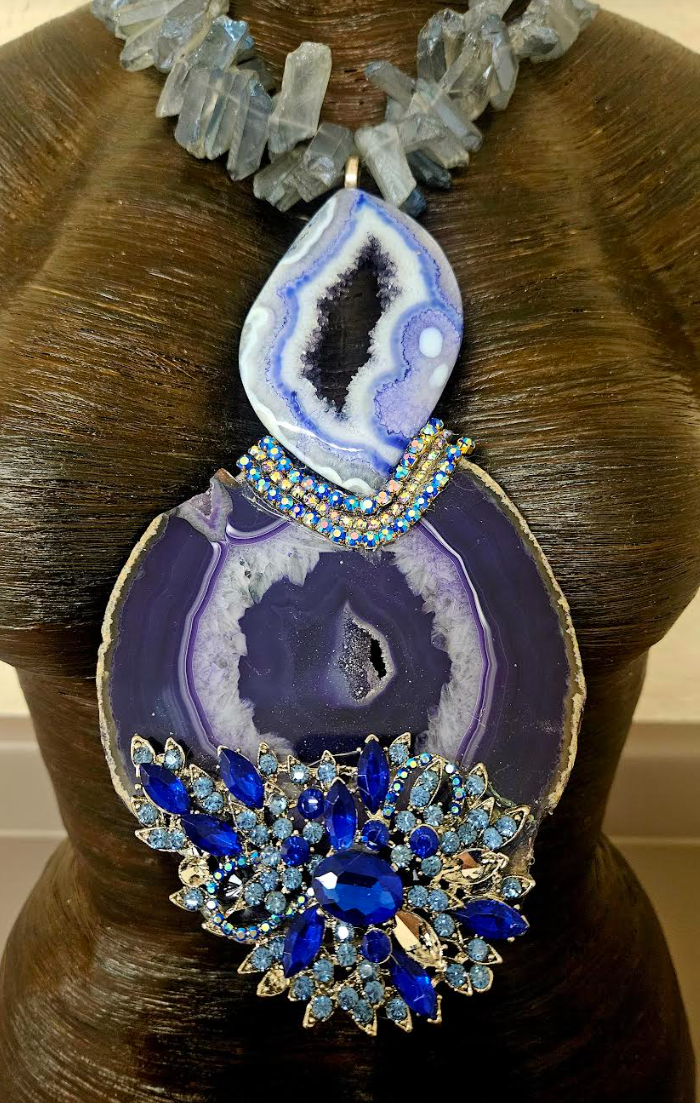 Purple & Blue Druzy Agate Rhinestone Chest Piece With Branch Quartz