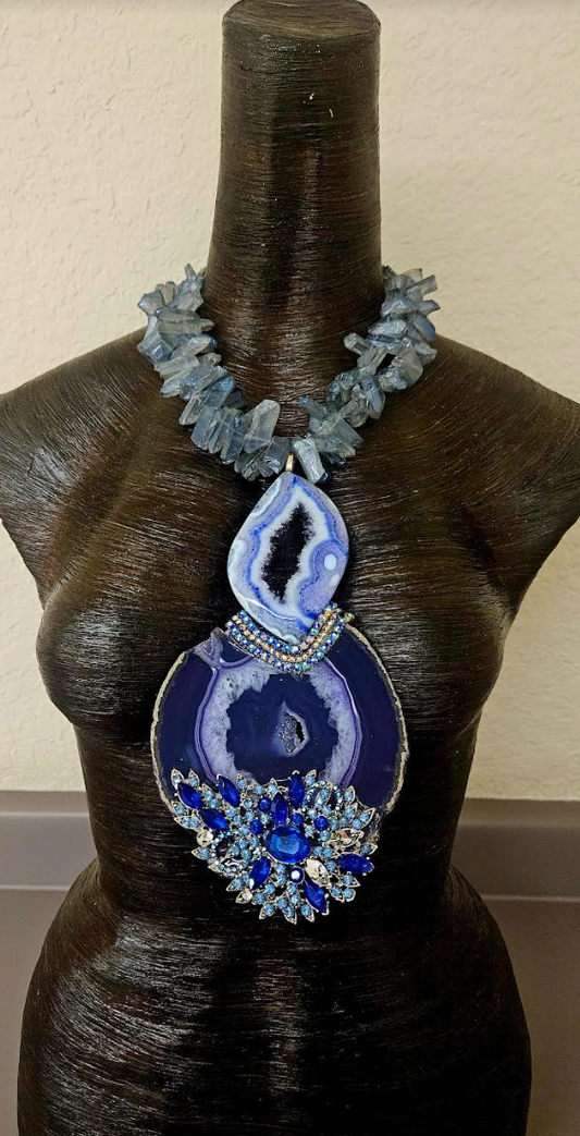 Purple & Blue Druzy Agate Rhinestone Chest Piece With Branch Quartz