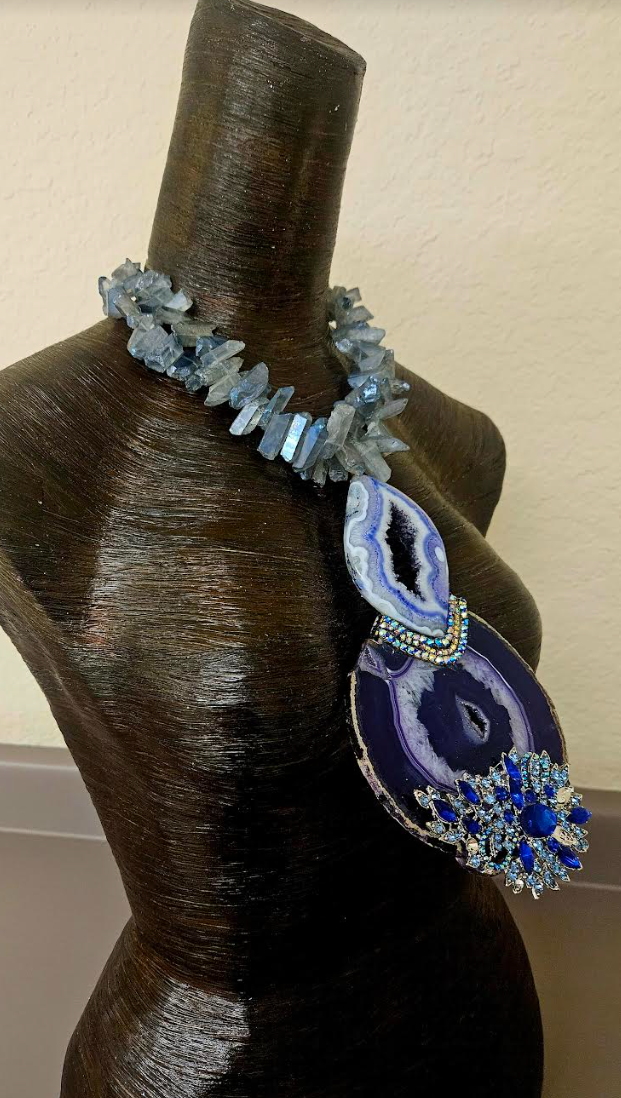 Purple & Blue Druzy Agate Rhinestone Chest Piece With Branch Quartz