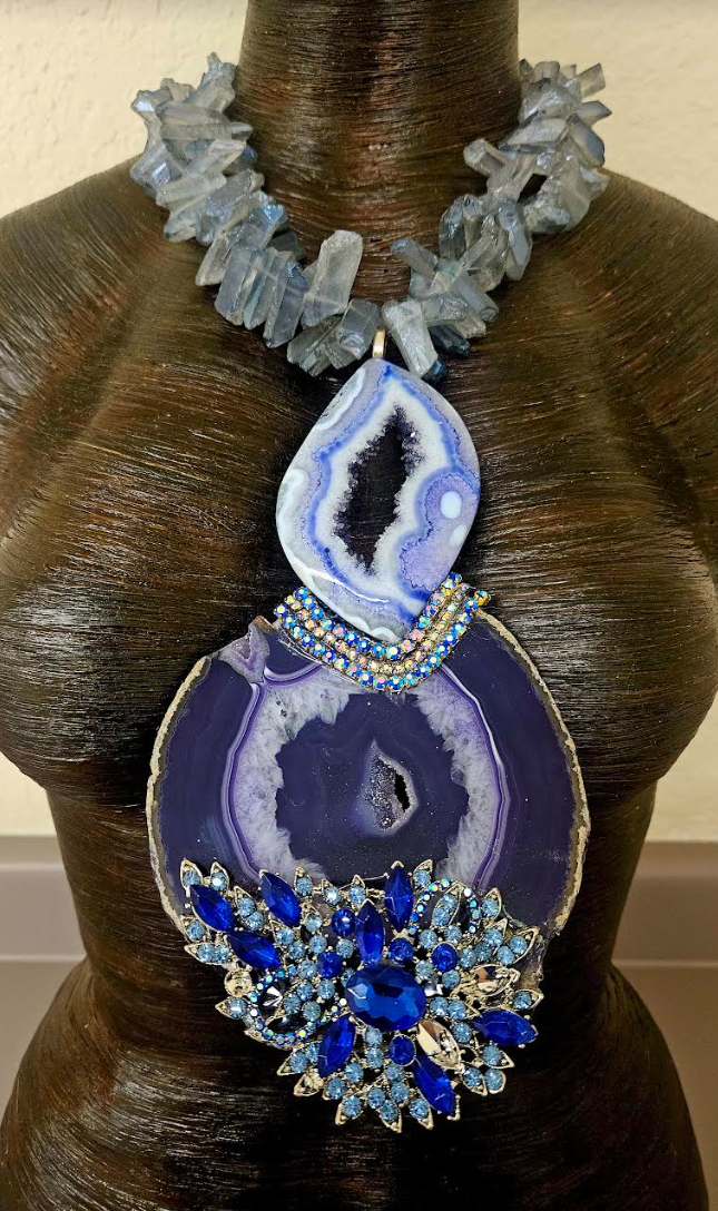 Purple & Blue Druzy Agate Rhinestone Chest Piece With Branch Quartz