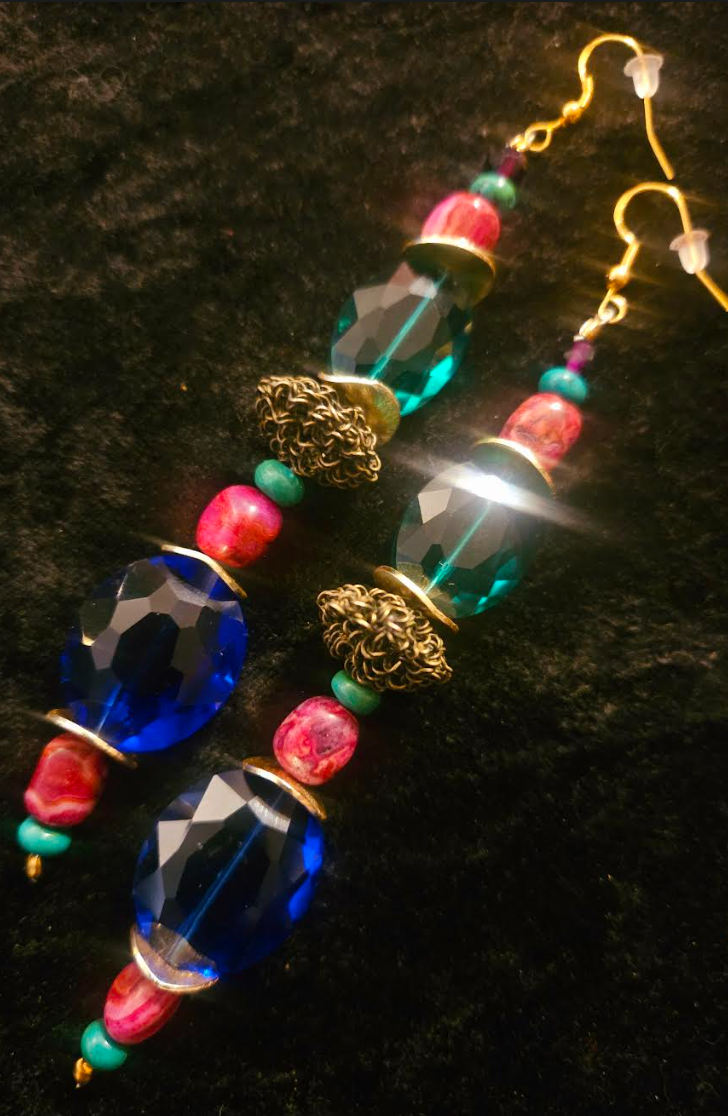 Jewel Tone Crystal & Gemstone Shoulder Duster Pierced Statement Earrin