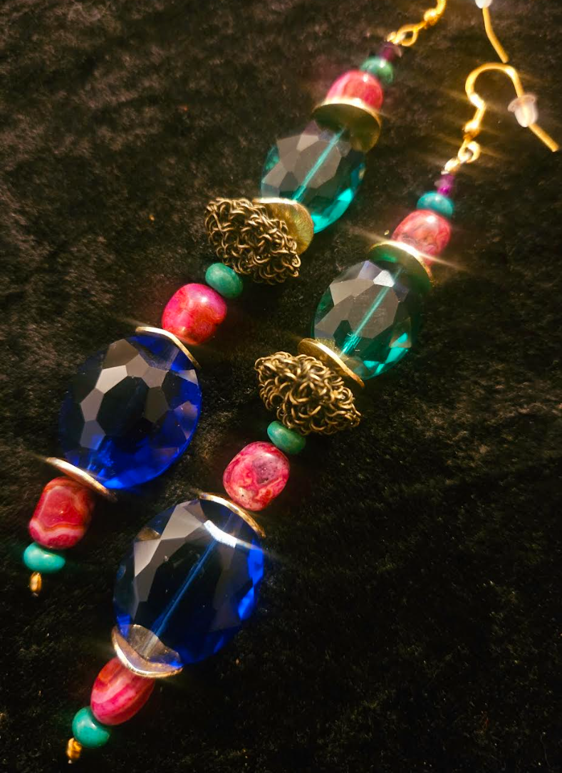 Jewel Tone Crystal & Gemstone Shoulder Duster Pierced Statement Earrin