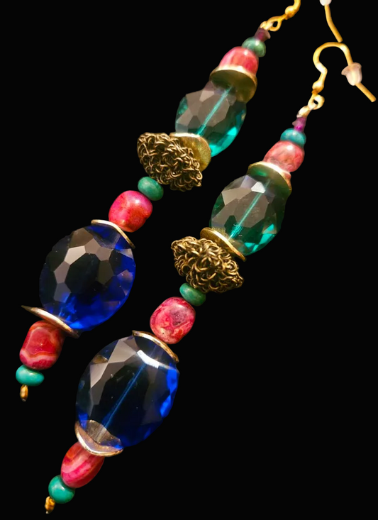 Jewel Tone Crystal & Gemstone Shoulder Duster Pierced Earrings