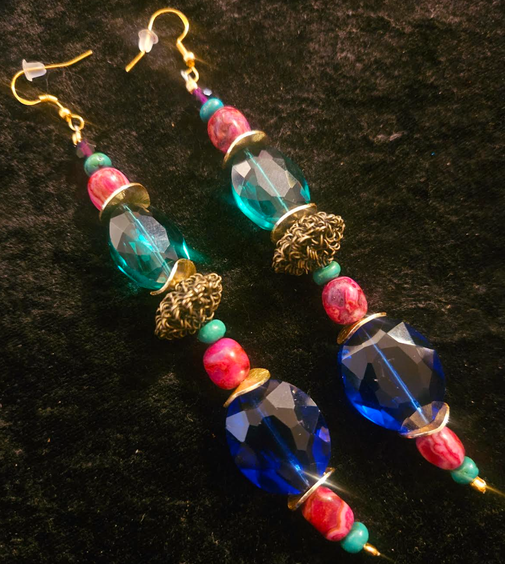 Jewel Tone Crystal & Gemstone Shoulder Duster Pierced Statement Earrin