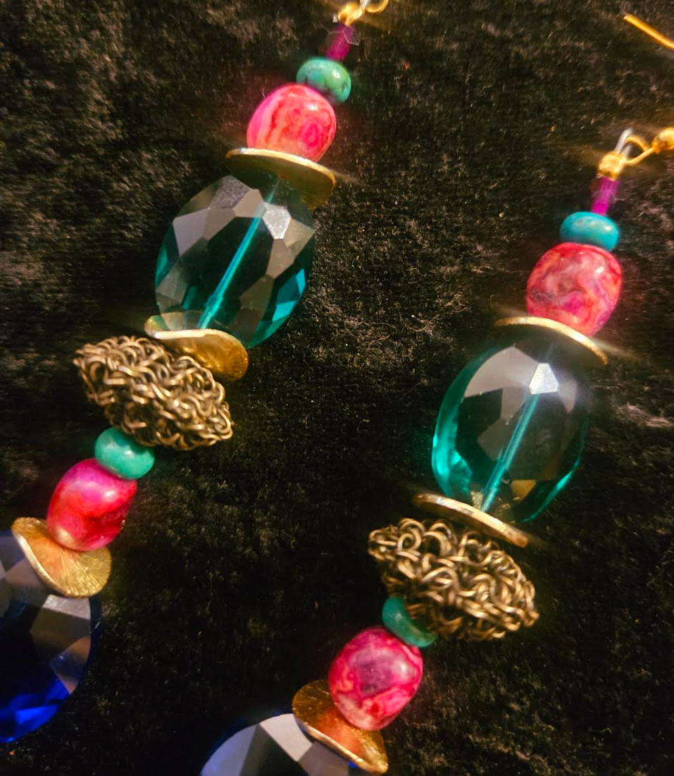 Jewel Tone Crystal & Gemstone Shoulder Duster Pierced Statement Earrin