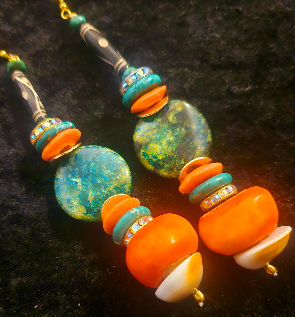 Orange and Green Beaded African Shoulder Dusters Tribal Inspired