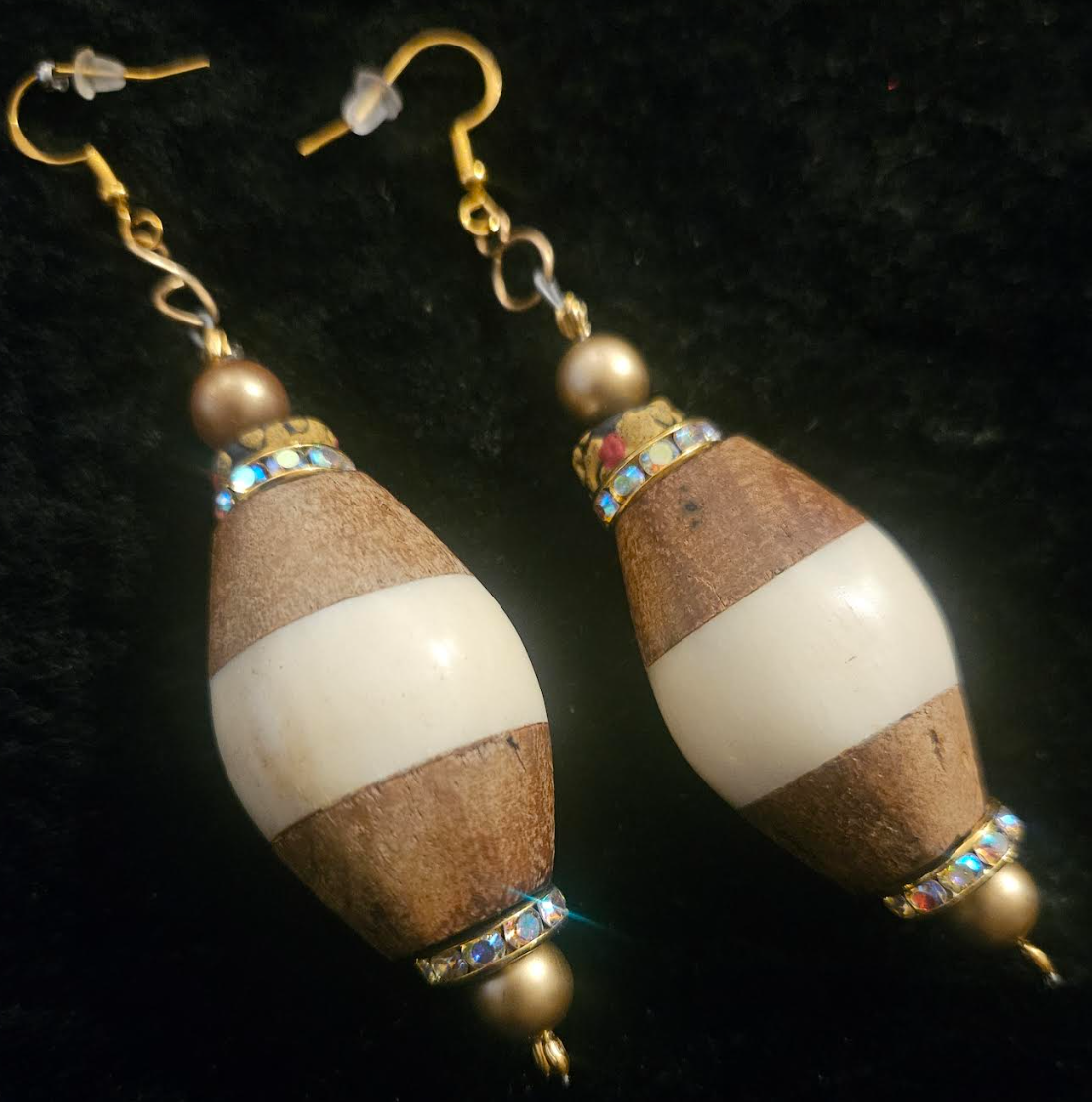 Bold Bone and Wood Bicone Pierced Statement Earrings Cream and Light