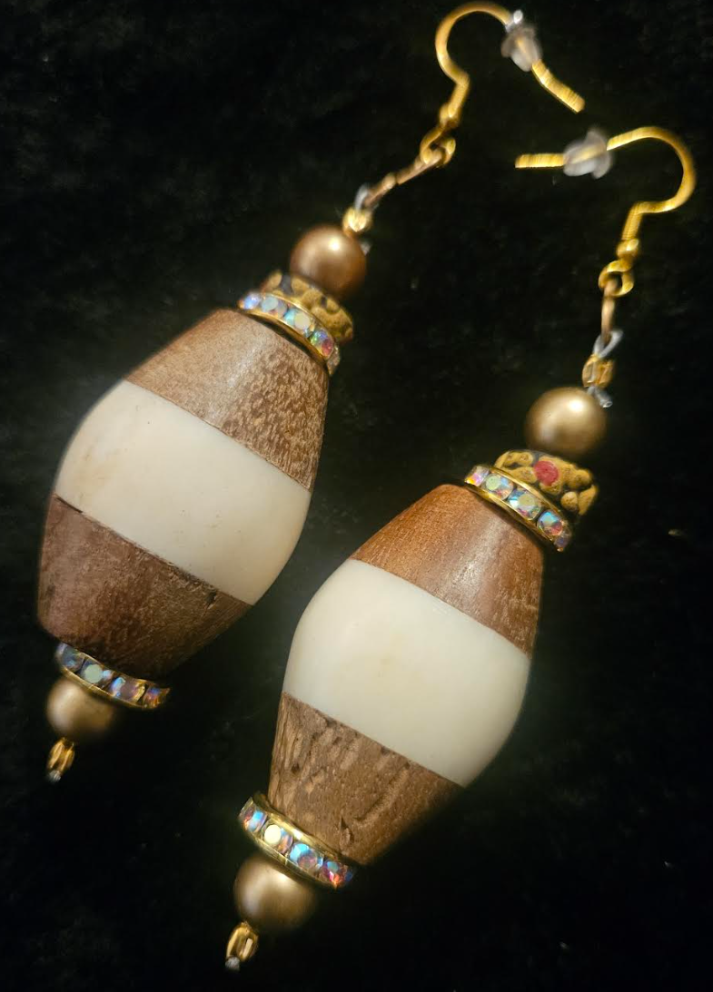 Bold Bone and Wood Bicone Pierced Statement Earrings Cream and Light