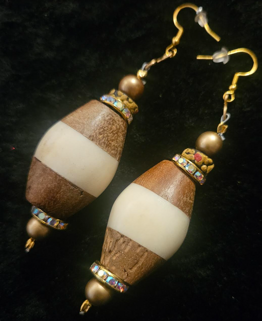 Bold Bone and Wood Bicone Pierced Statement Earrings Cream and Light