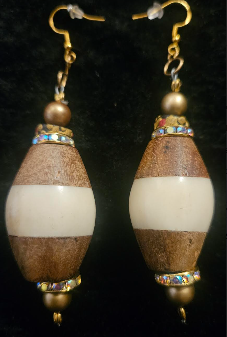 Bold Bone and Wood Bicone Pierced Statement Earrings Cream and Light